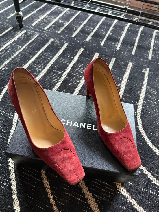 CHANEL Shoes - CHANEL Burgundy Suede Pointed-Toe Heels with CC Medallion